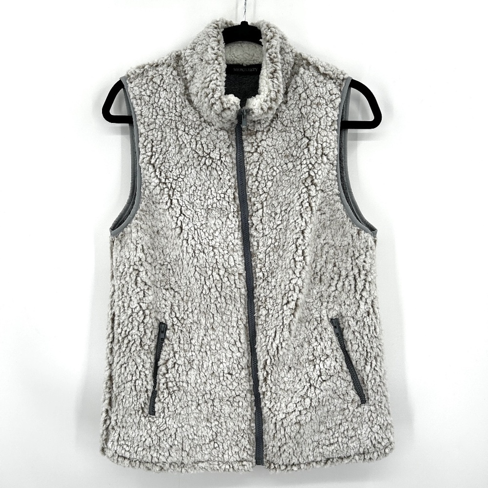 MEROKEETY Women's White Gray Sherpa Super Soft Lined Full Zip Vest Size Small